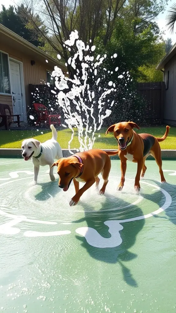 19 Creative Grassless Backyard Ideas for Dogs 13 Three dogs playing on a splash pad, enjoying the water sprays in a backyard.