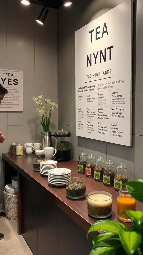 An interactive tea blending station with jars of tea ingredients, cups, and a friendly atmosphere.