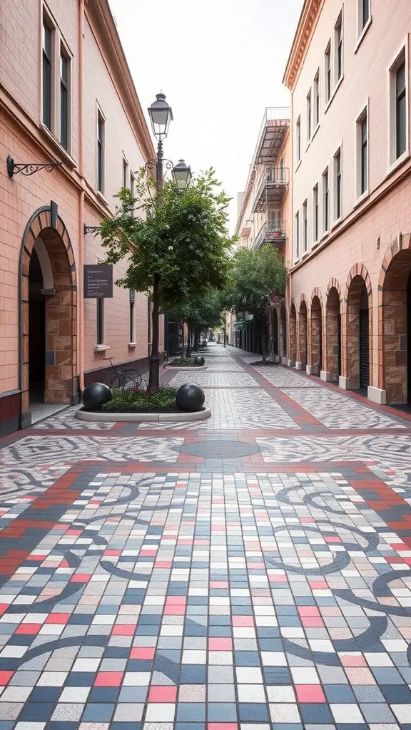 A mosaic walkway featuring interlocking tiles in various colors and designs, flanked by buildings and greenery.