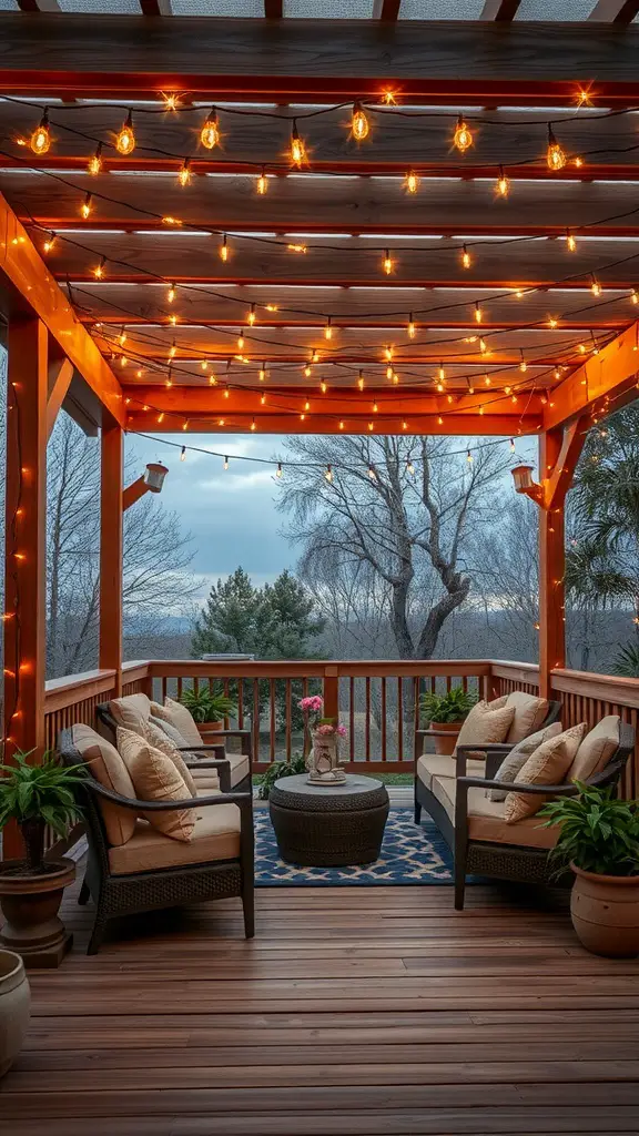 27 Inspiring Outdoor Deck Ideas You'll Love 6 Cozy deck with a pergola and twinkling lights, featuring comfortable seating and potted plants.