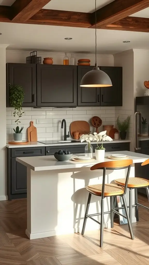 27 Cozy Kitchen Ideas to Warm Up Your Space 26 A cozy kitchen with a breakfast bar featuring dark cabinets, white countertops, and inviting decor.