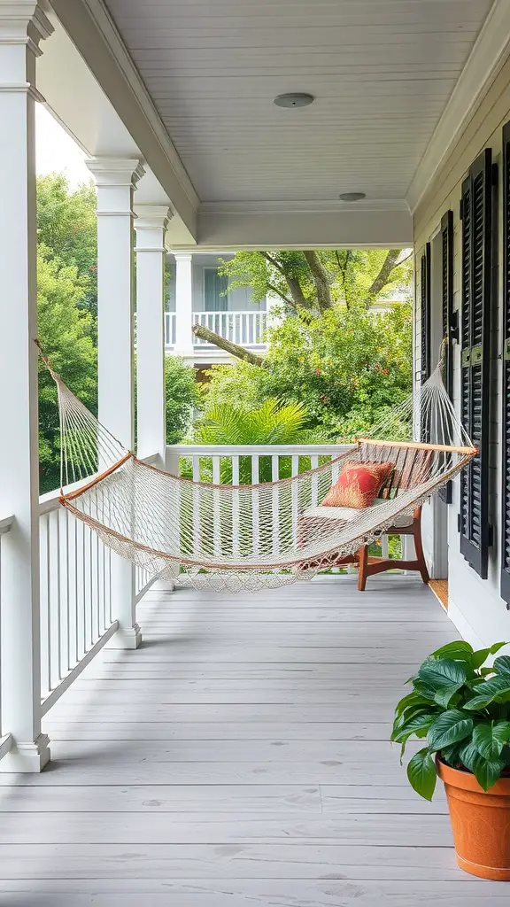 23 Inspiring Summer Porch Decor Ideas for a Vibrant Outdoor Space 11 A cozy hammock on a porch with plants and pillows, perfect for relaxing afternoons.