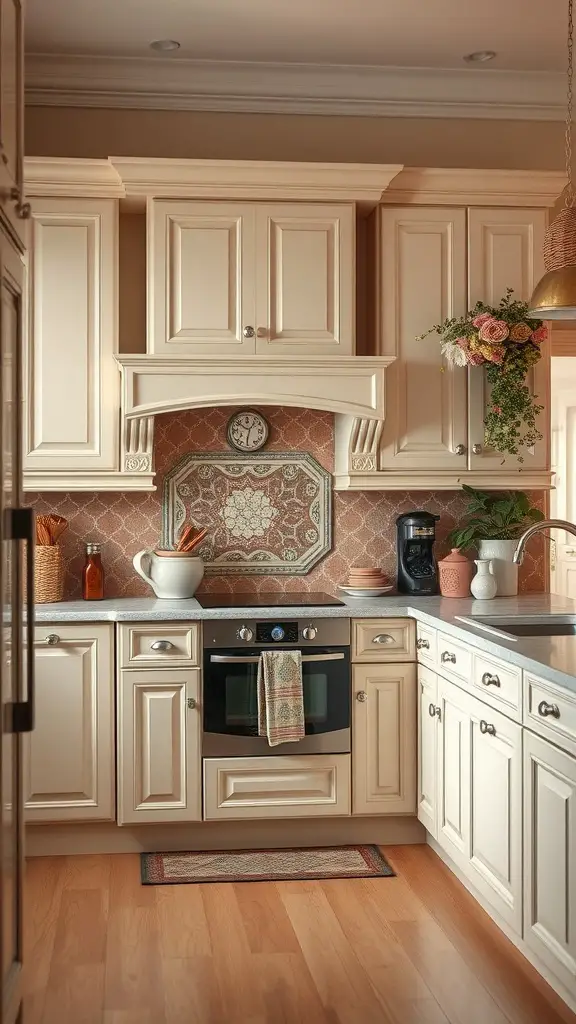 A cozy kitchen featuring ivory cabinets and a dusty rose backsplash, with plants and decorative elements.