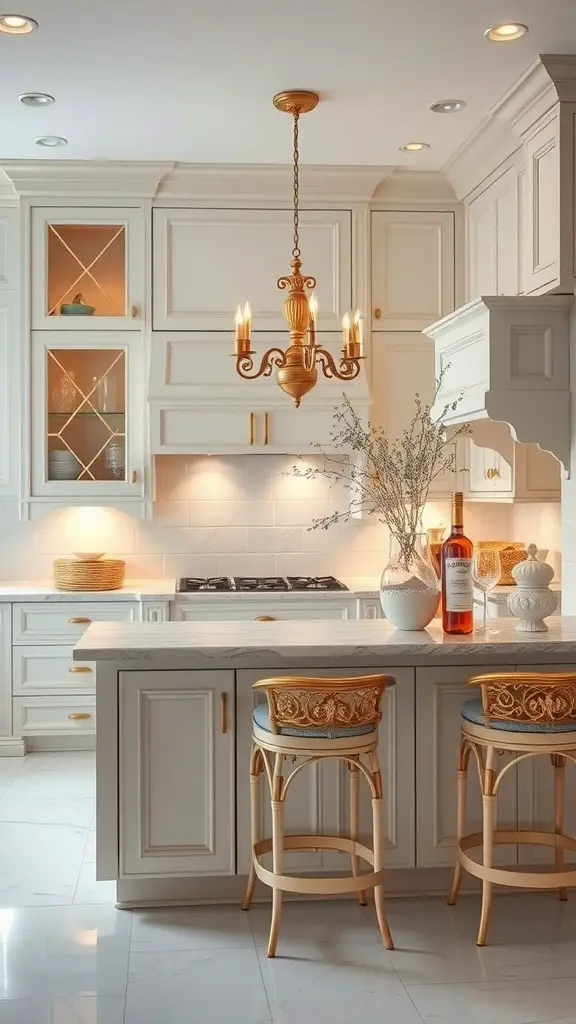 A beautifully designed kitchen featuring ivory cabinetry with gold accents, elegant chandelier, and cozy bar stools.