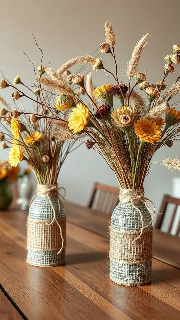 Two jute-wrapped vases filled with yellow flowers and dried grasses on a wooden table