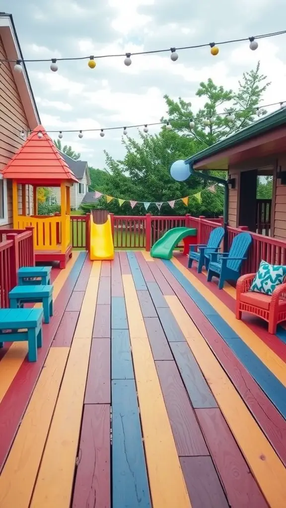 15 Stunning Composite Deck Ideas for Your Outdoor Space 10 A colorful kid-friendly composite play area featuring a playhouse, slides, and seating.