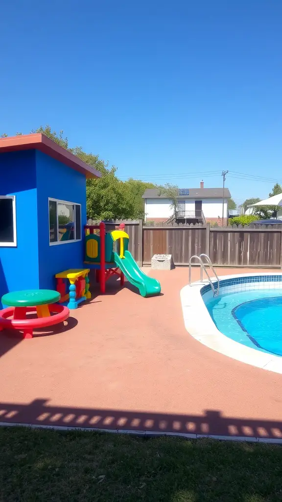 Kid-friendly play area with a colorful playset and poolside seating