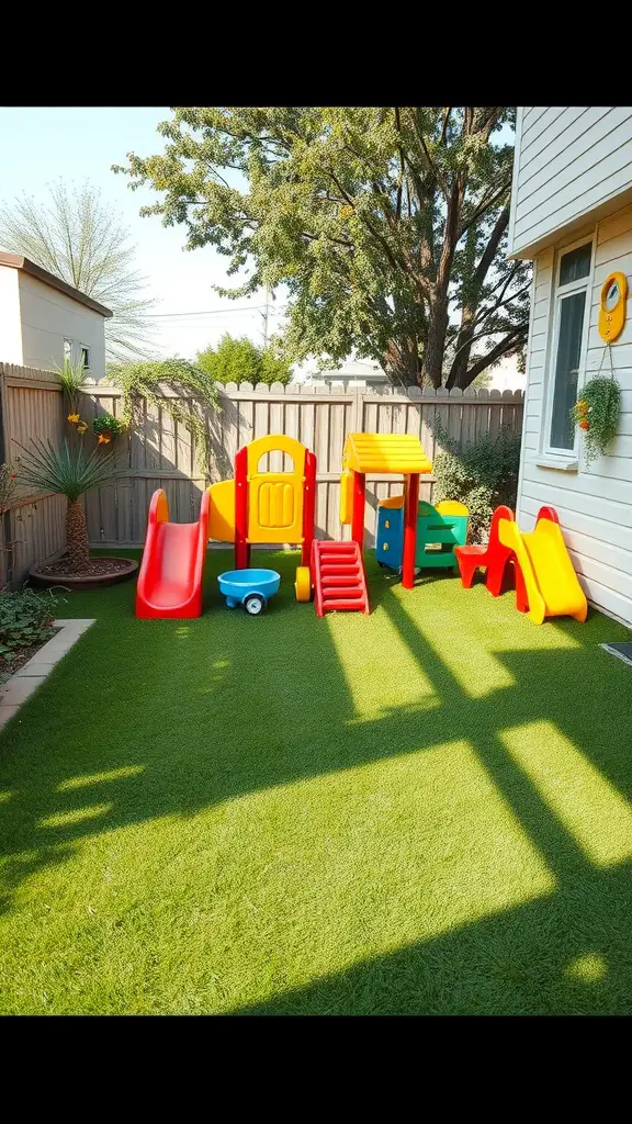 21 Creative Grass Patio Ideas for Your Outdoor Space 8 Colorful kids' play area with slides and playhouse on soft grass