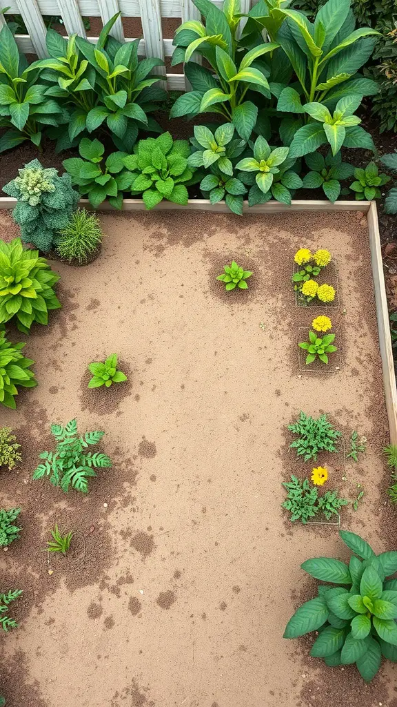 A well-organized kitchen garden layout with various plants and flowers.