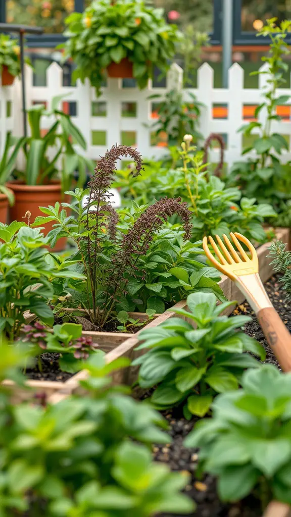 A kitchen garden with lush green plants and a rake for maintenance.