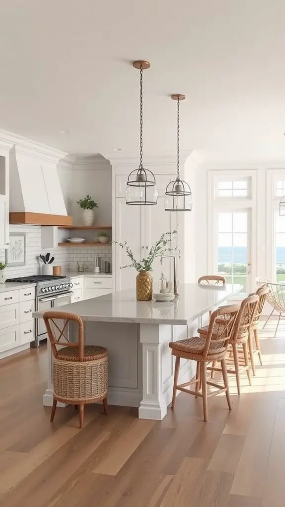 A bright beach house kitchen with a large marble island, wooden chairs, and pendant lights.