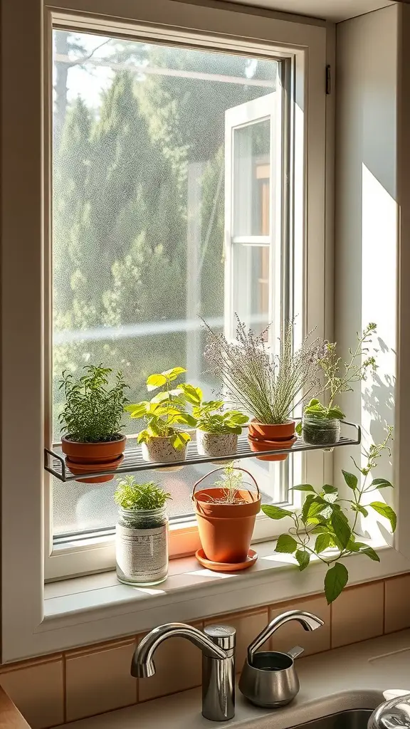 A shelf with various herb pots by a kitchen window, filled with sunlight and greenery.