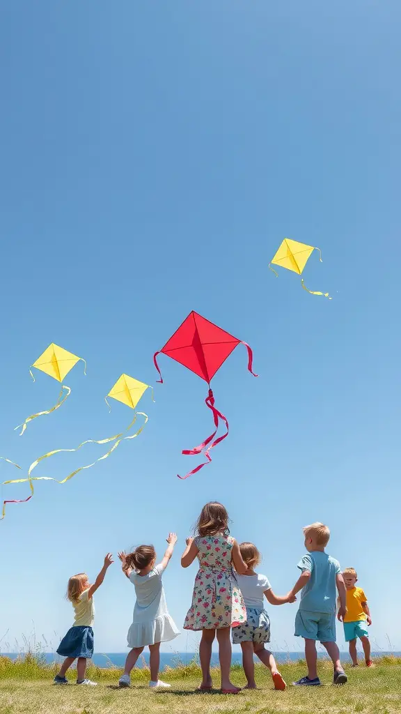 21 Creative Summer Baby Shower Ideas to Celebrate the Arrival of Baby 21 Children flying kites on a sunny day, with colorful kites in the clear blue sky.