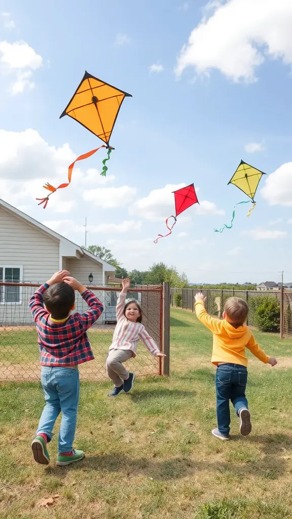 Children flying colorful kites in a backyard with blue skies and fluffy clouds.