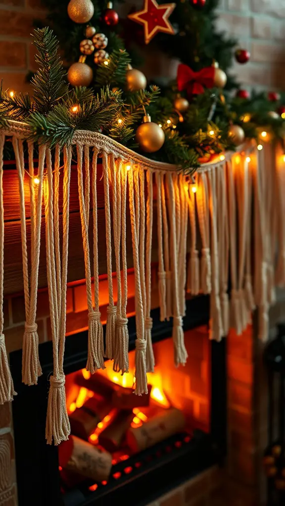 A knitted string garland with tassels hanging above a fireplace, adorned with light decorations.