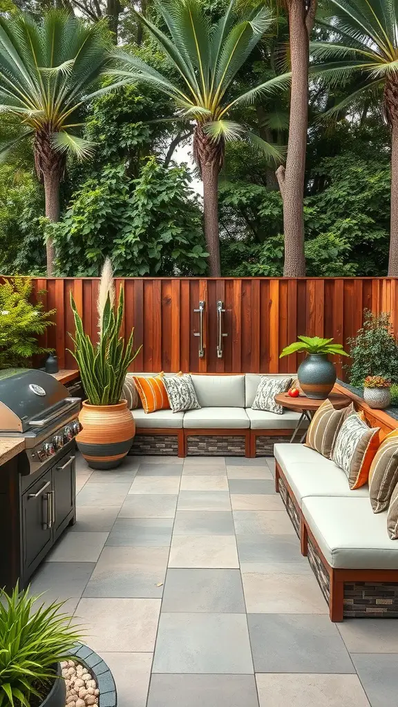 An outdoor kitchen featuring an L-shaped banquette with comfortable cushions, surrounded by greenery and a grill.