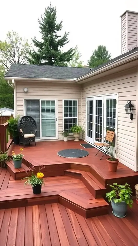 21 Unique Deck Layout Ideas You’ll Love 6 An L-shaped deck with steps, potted plants, and seating areas, designed for a corner lot.