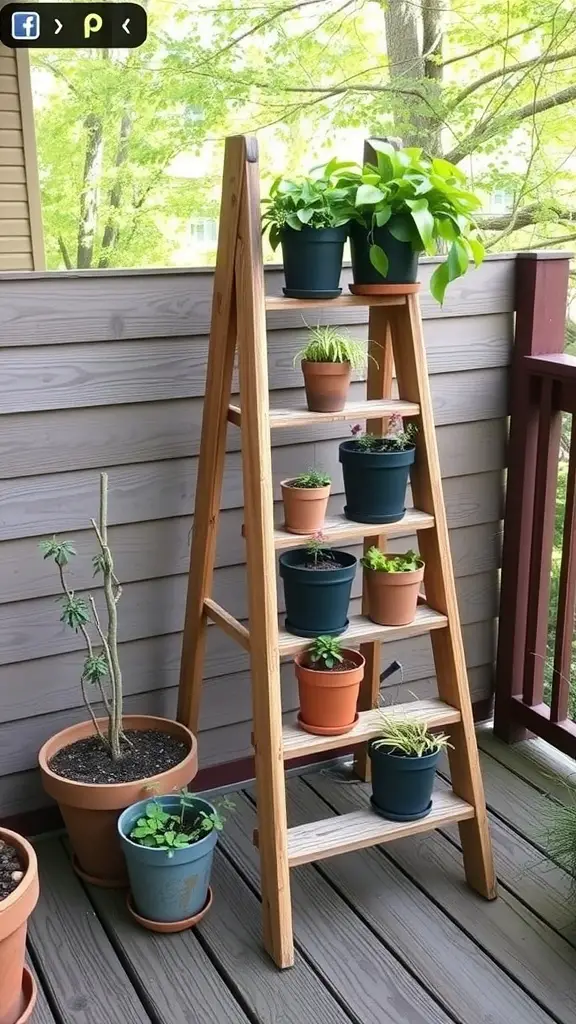 15 Creative DIY Deck Planter Ideas to Enhance Your Outdoor Space 11 A wooden ladder with potted plants on each step, set against a deck background.