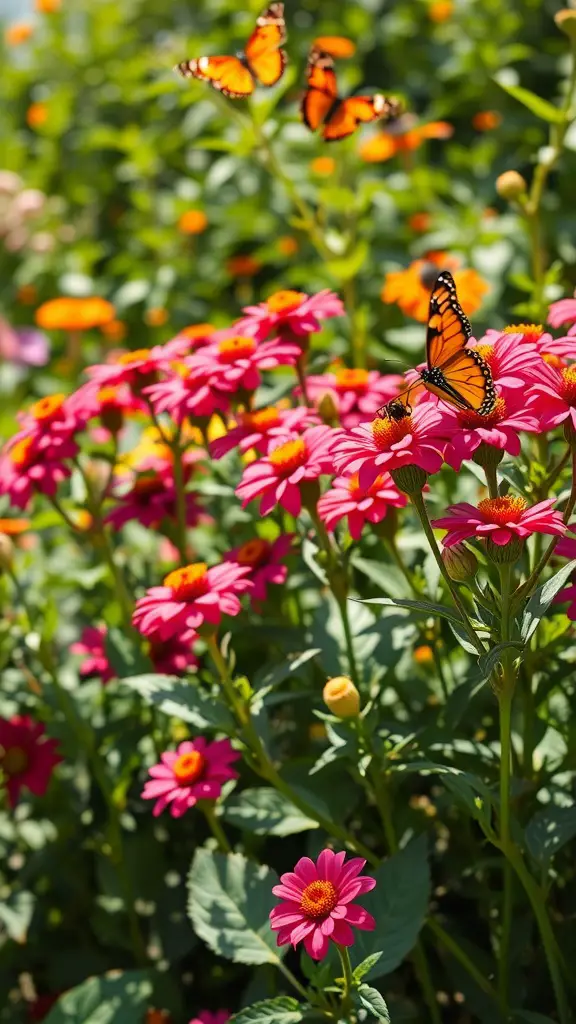 Vibrant pink lantana flowers with butterflies fluttering around