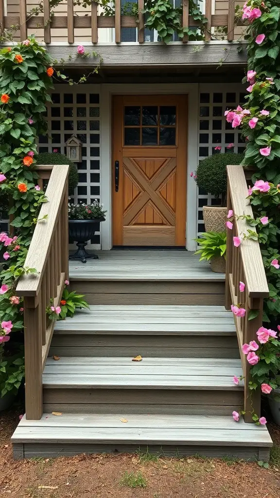 21 Creative Deck Step Ideas to Enhance Your Outdoor Space 16 Wooden deck steps with lattice backing surrounded by flowers and greenery.