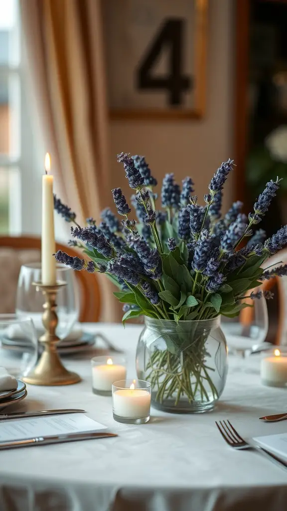 17 Stunning Summer Flower Arrangement Ideas 4 A beautiful lavender and sage centerpiece with candles on a dining table.