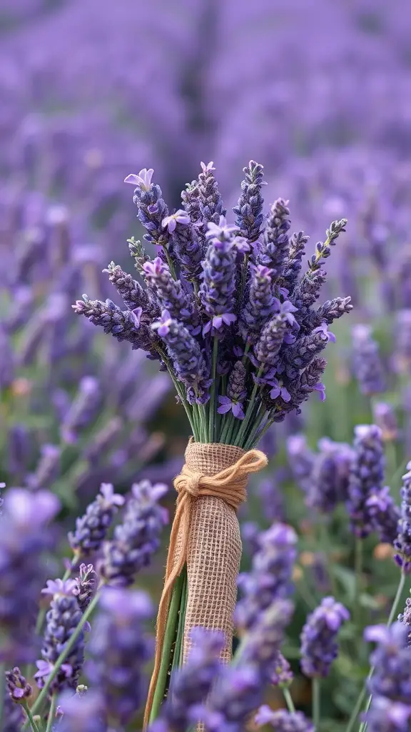 17 Stunning Summer Wedding Bouquet Ideas You’ll Love 2 A bouquet of fresh lavender tied with burlap, surrounded by lavender fields
