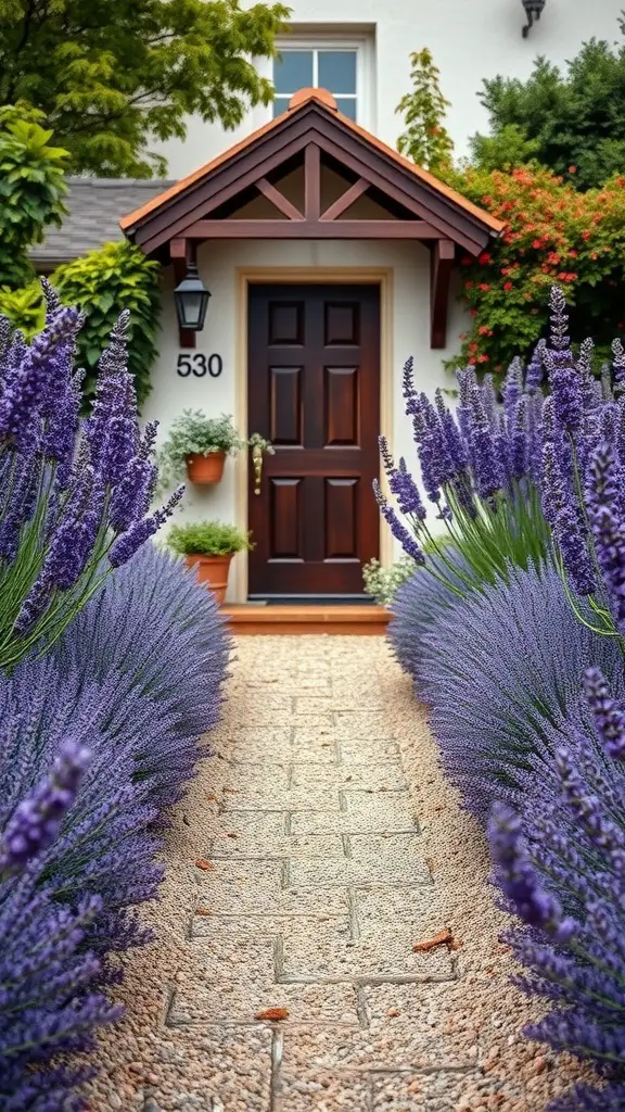 A pathway lined with lavender plants leading to a front door.