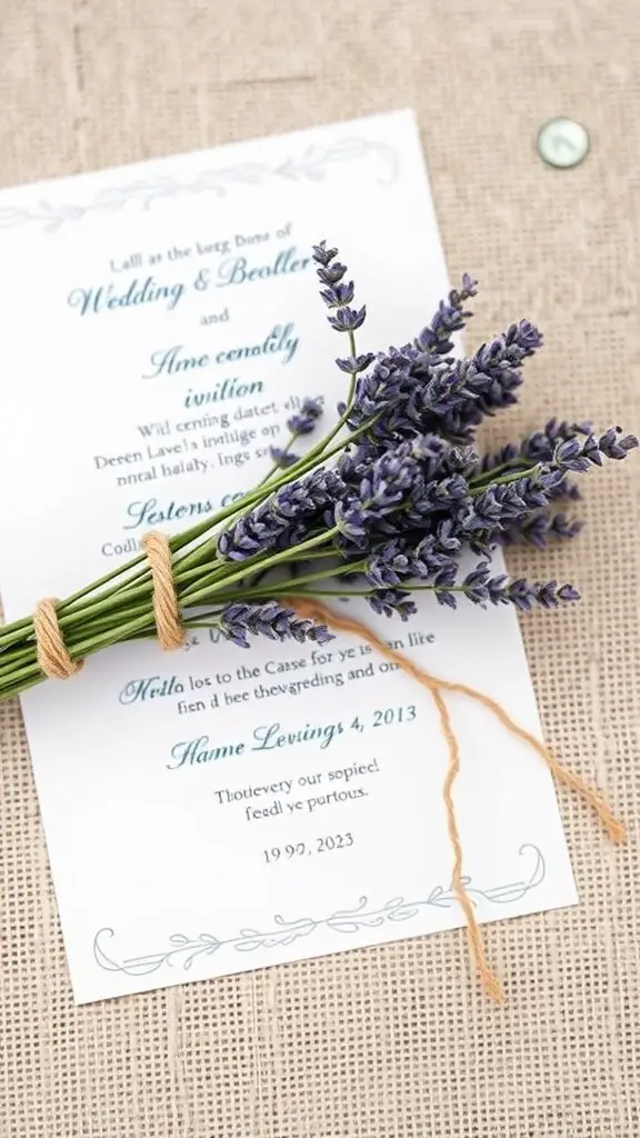 33 Stunning Summer Wedding Flower Ideas You’ll Love 7 A bundle of lavender sprigs tied with twine next to a wedding invitation