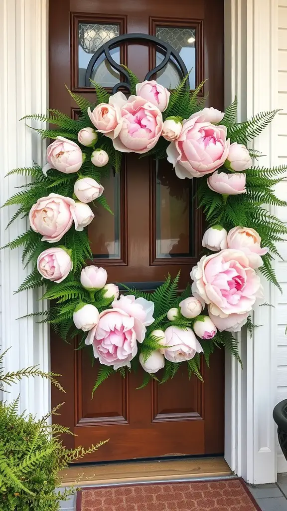 35 Stunning Summer Wreath Ideas for Your Front Door 16 A colorful wreath featuring pink peonies and green ferns hanging on a brown front door.