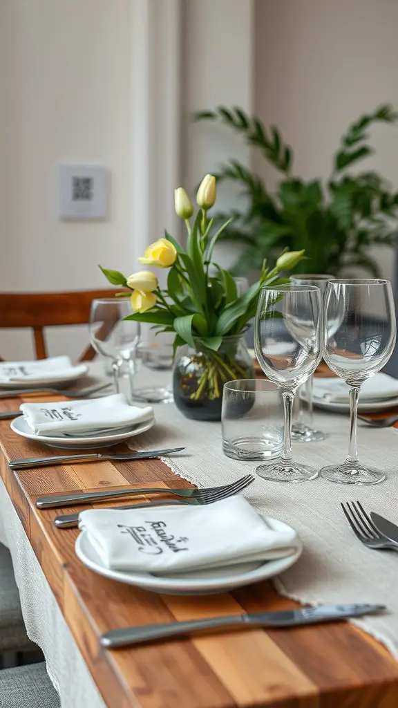 A beautifully set dining table with layered textures, featuring a wooden table, linen runner, elegant tableware, and fresh tulips in a vase.