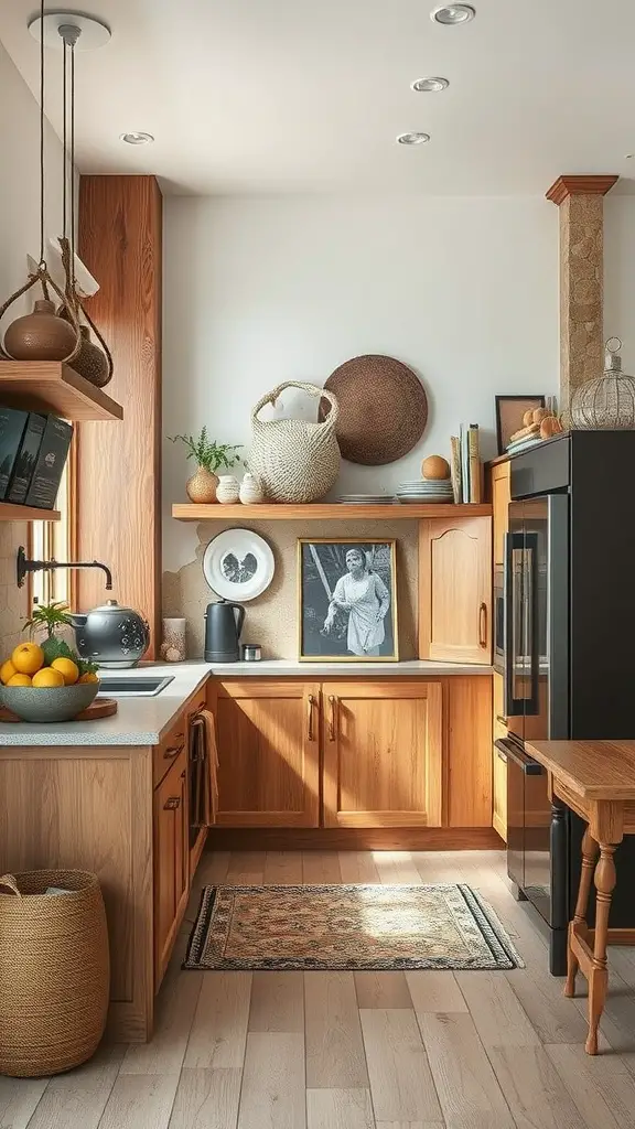 27 Cozy Kitchen Ideas to Warm Up Your Space 16 Cozy kitchen with wooden cabinets, woven baskets, and warm textures