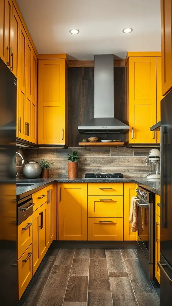 A modern kitchen featuring vibrant yellow cabinets, dark wood accents, and grey countertops.