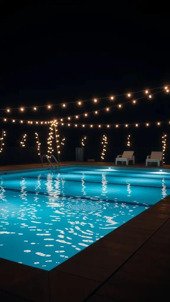 A swimming pool at night illuminated by string lights, with bright blue water and lounge chairs on the deck.