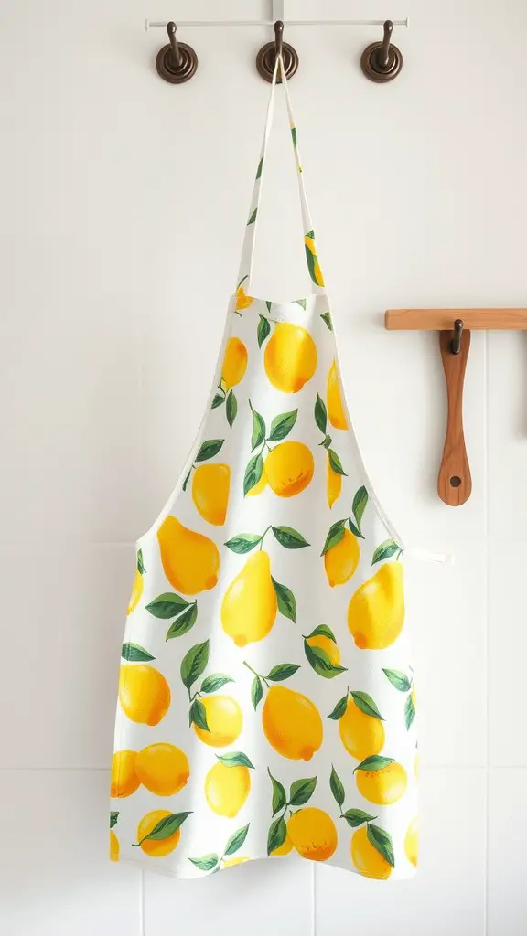 Lemon-decorated apron hanging on a hook in a kitchen