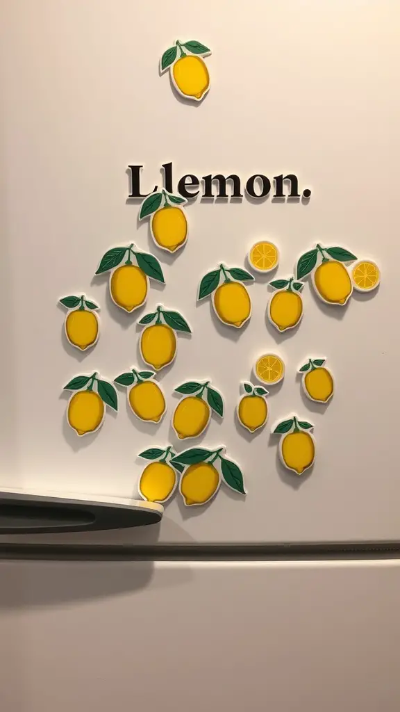 Colorful lemon-themed refrigerator magnets on a fridge