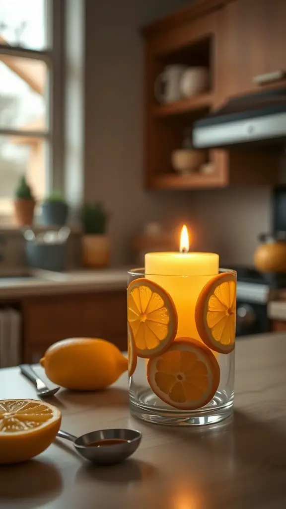 A lemon-infused candle holder with lemon slices around a lit candle, set on a kitchen counter