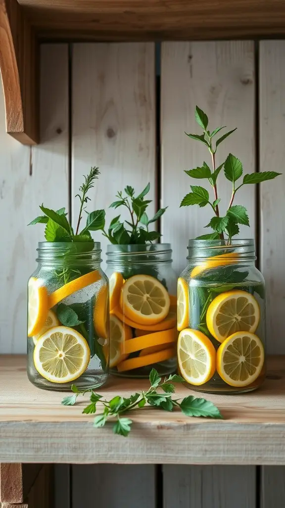 Mason jars filled with lemon slices and fresh herbs on a wooden shelf