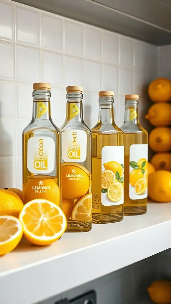 Bottles of lemon-infused olive oil on a shelf, surrounded by fresh lemons