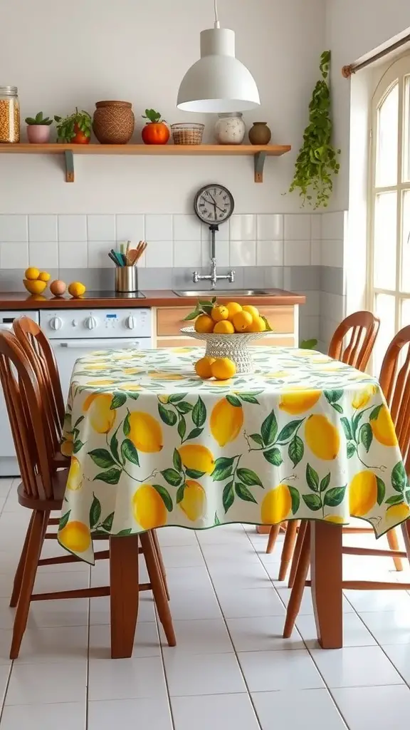 A kitchen with a lemon-patterned tablecloth on a wooden table, surrounded by chairs.