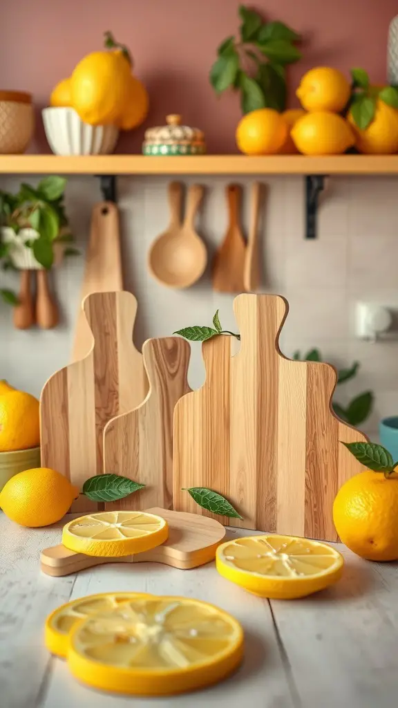 A collection of lemon-shaped cutting boards in a kitchen setting with fresh lemons and green leaves