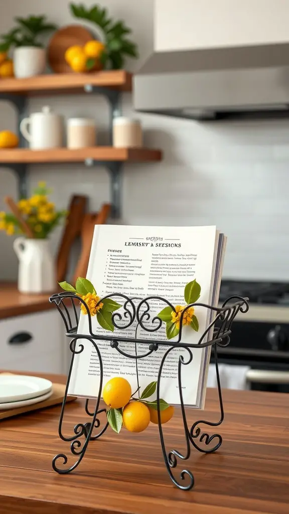 A lemon-themed cookbook stand displaying an open book with fresh lemons and flowers.