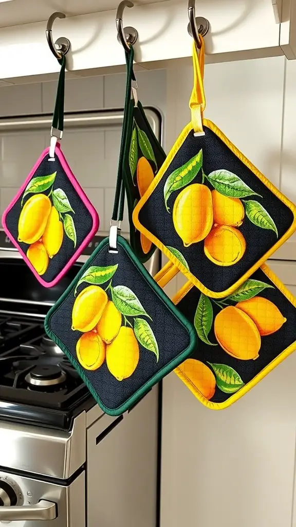 Four lemon-themed pot holders hanging on hooks in a kitchen.