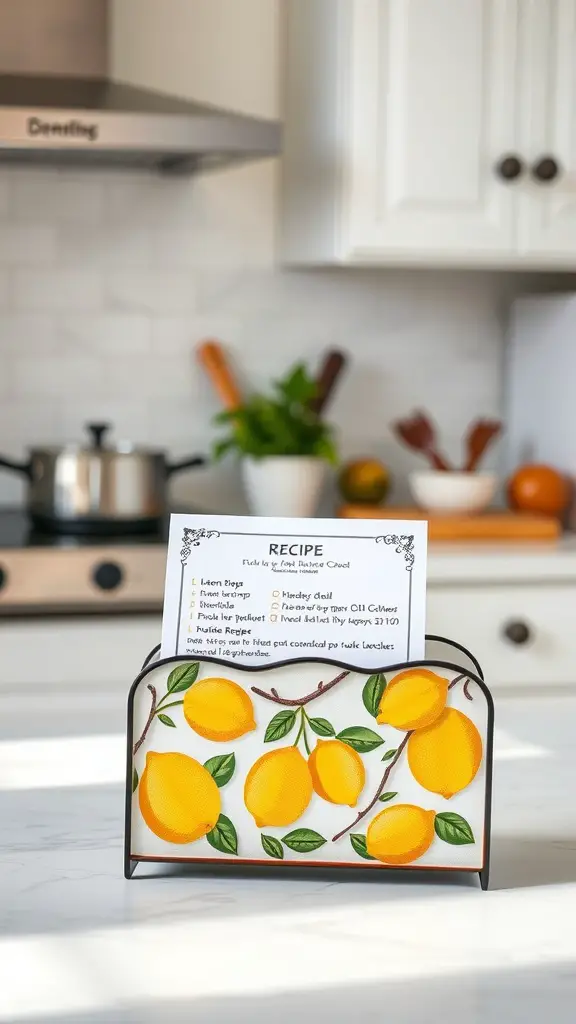 A lemon-themed recipe holder with recipes displayed, set in a bright kitchen.