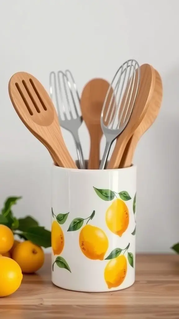 Lemon-themed utensil holder filled with wooden and metal cooking utensils.