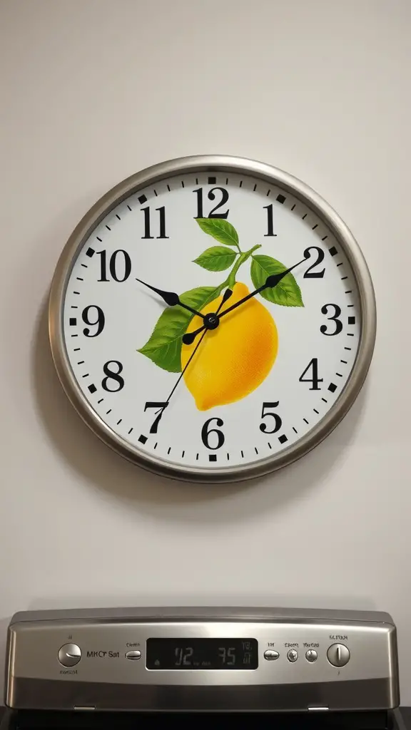 Lemon-themed wall clock with a yellow lemon and green leaves on a white background.