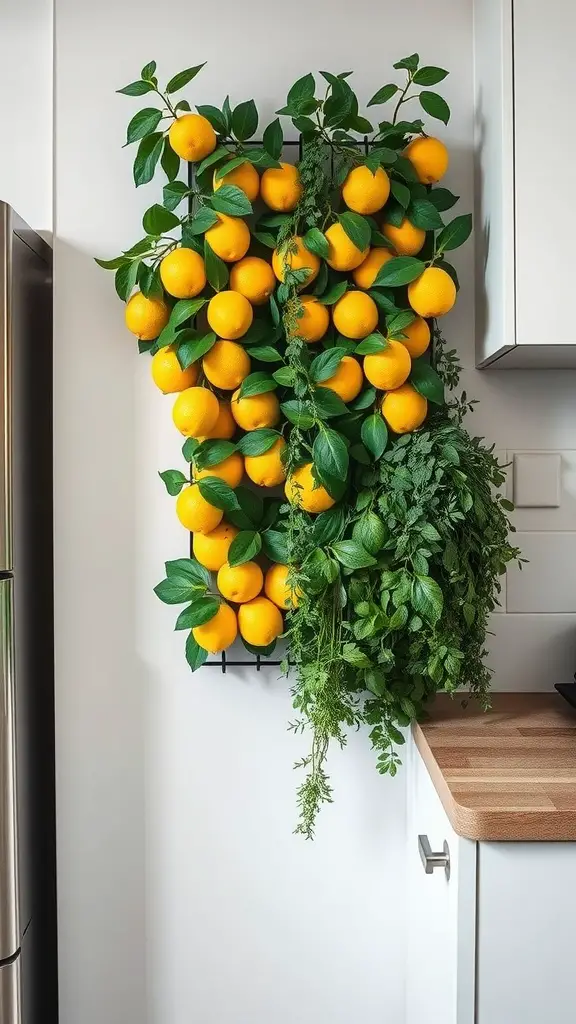 A vertical wall planter filled with bright yellow lemons and green herbs in a kitchen setting.