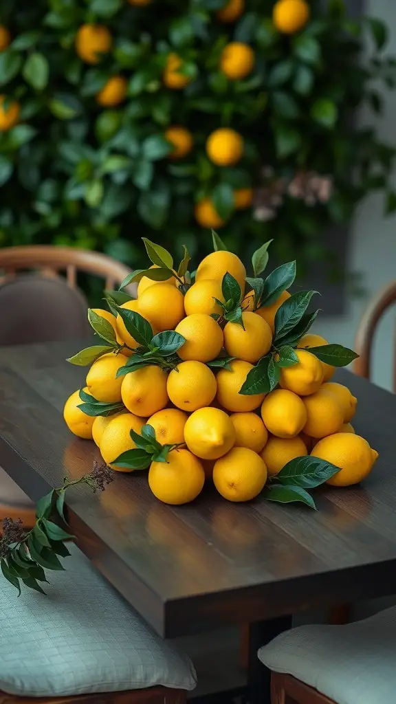 A vibrant arrangement of lemons on a dining table, complemented by green leaves.