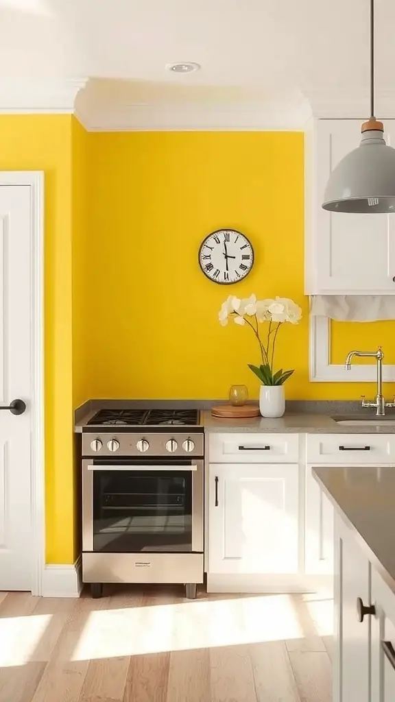 A kitchen featuring a lemon-colored accent wall, white cabinets, and a modern stove.