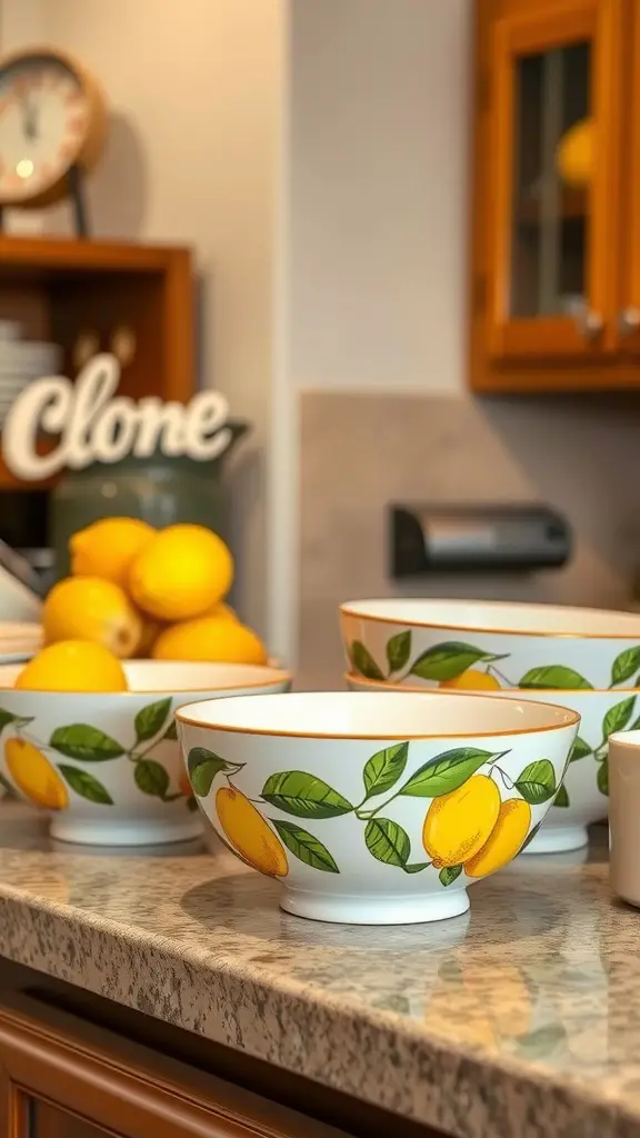 Collection of lemon decorative bowls in a kitchen setting