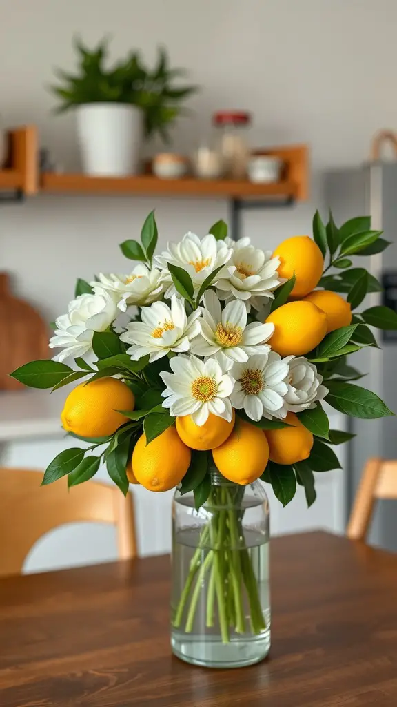 A vase filled with white flowers and yellow lemons, placed on a wooden table.